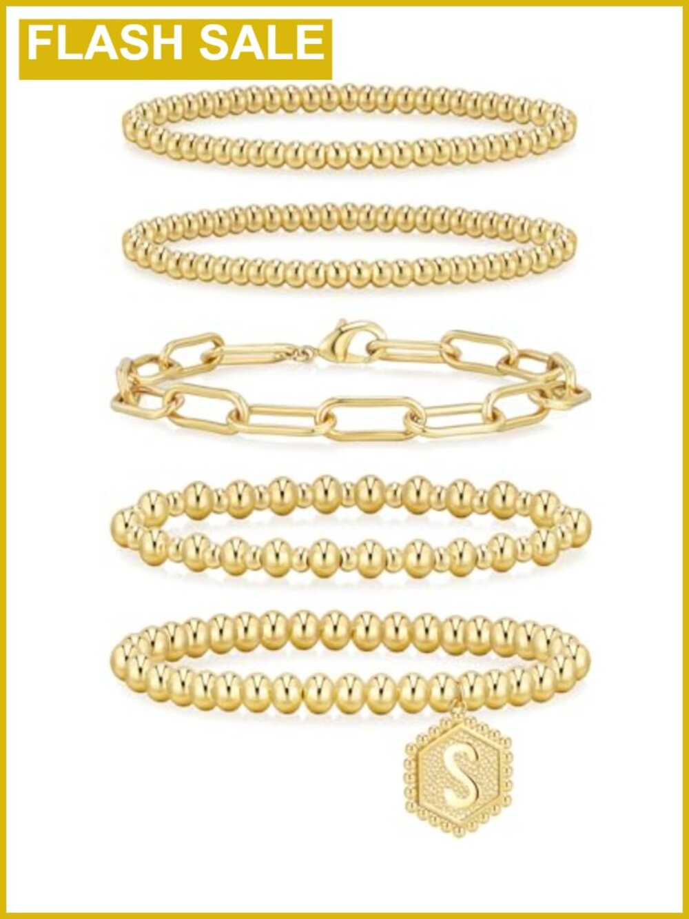 14K Gold Plated Beaded Stretch Bracelets Set - 5 Stackable Initial Bracelets